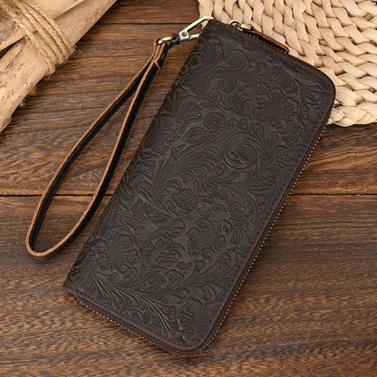 mens crazy horse leather retro embossing fashion long wallet