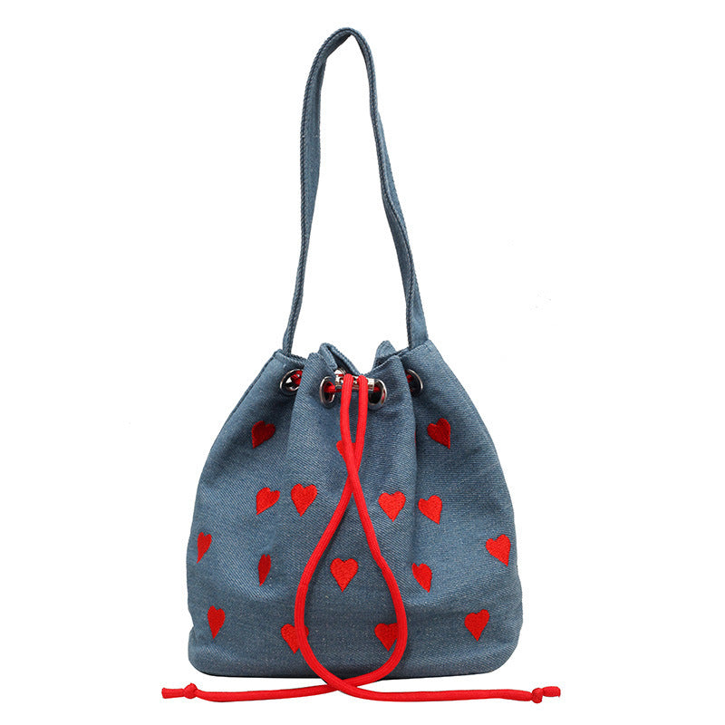 embroidery love pull belt shoulder messenger textured mini bucket bag
