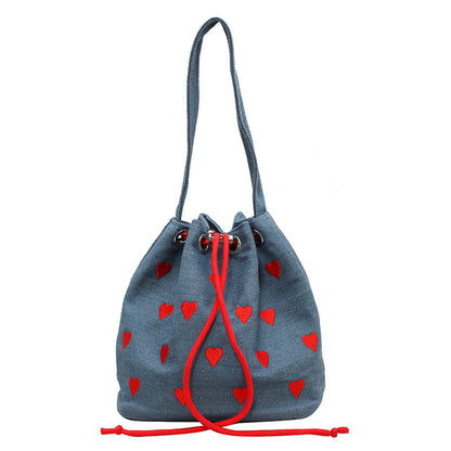 embroidery love pull belt shoulder messenger textured mini bucket bag