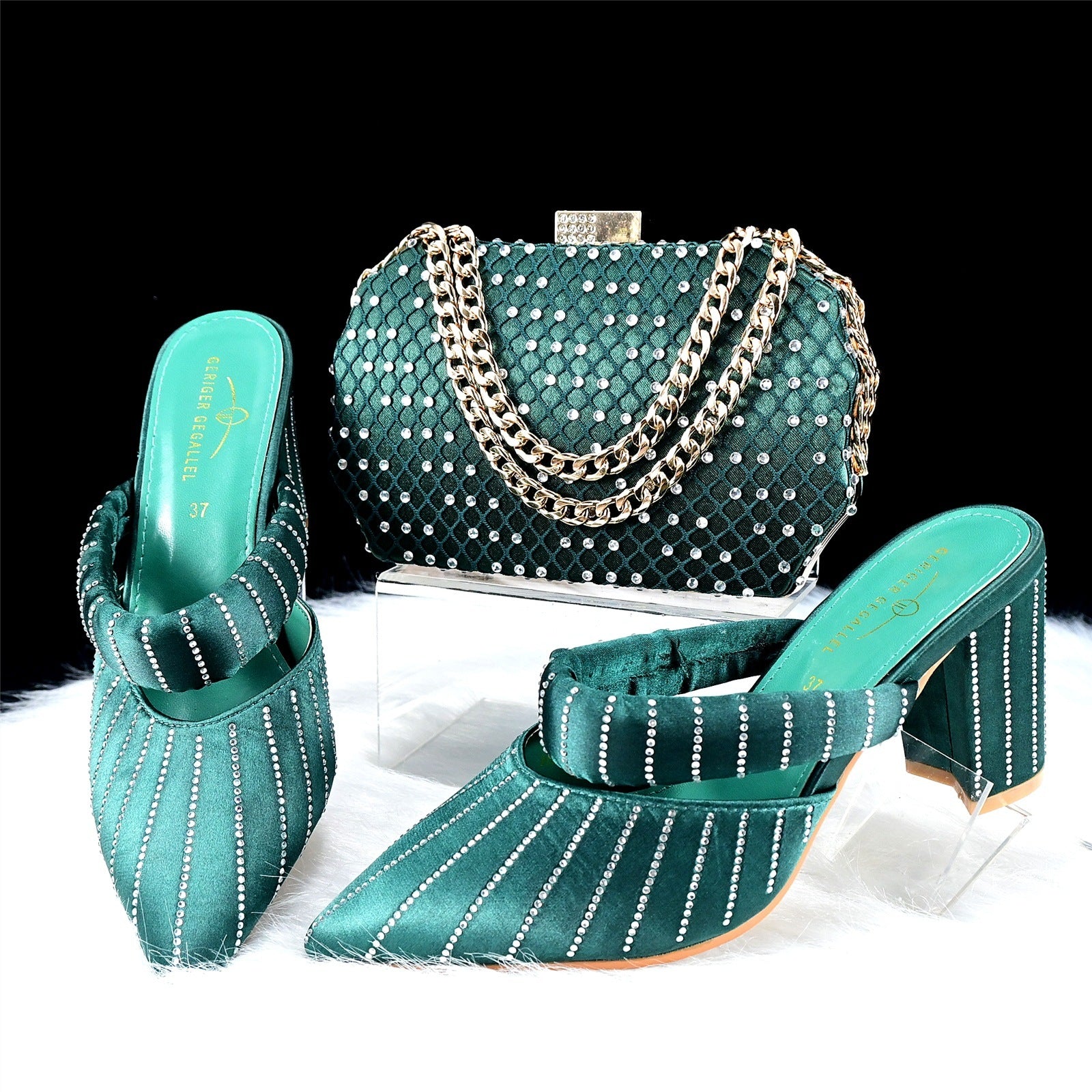 green 8cm pointed toe chunky heel high heels hand bag casual daily party dinner shoes bag suit