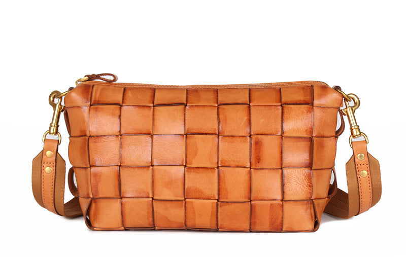 vintage handwoven shoulder bag with vegetable tanned top layer cowhide