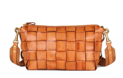 vintage handwoven shoulder bag with vegetable tanned top layer cowhide