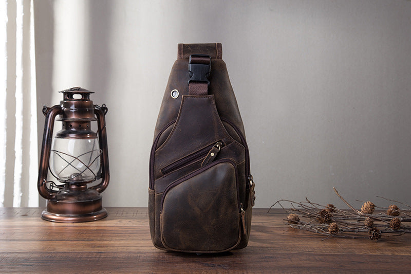 mens simple top layer cowhide chest bag