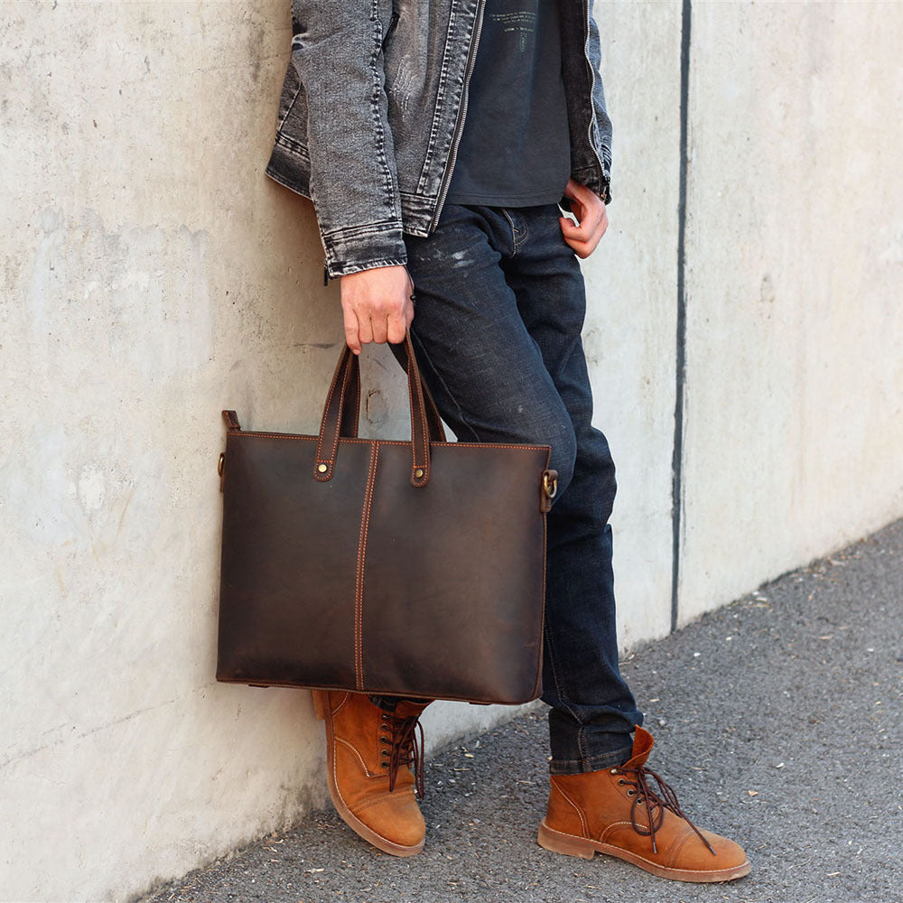 simple retro leather portable briefcase crazy horse leather mens shoulder messenger bag