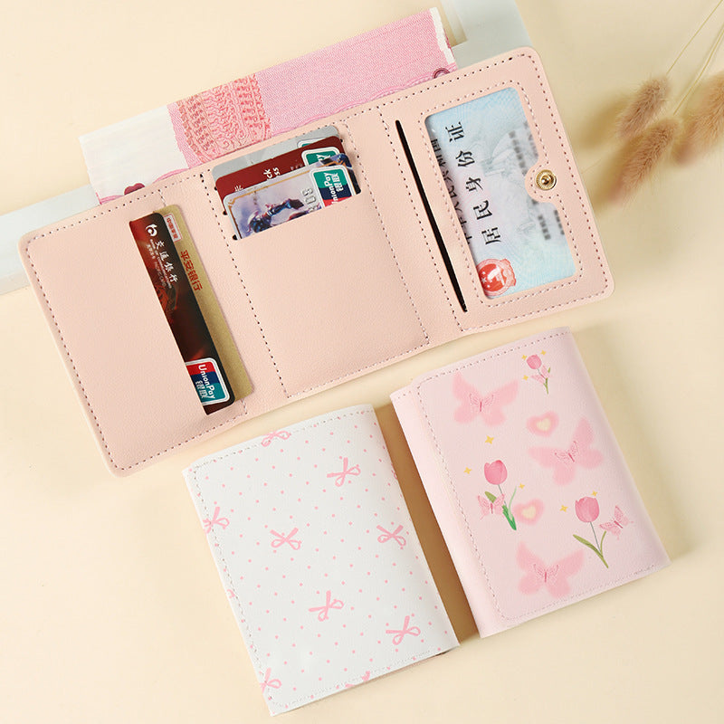 butterfly patterned short style three fold wallet multifunction