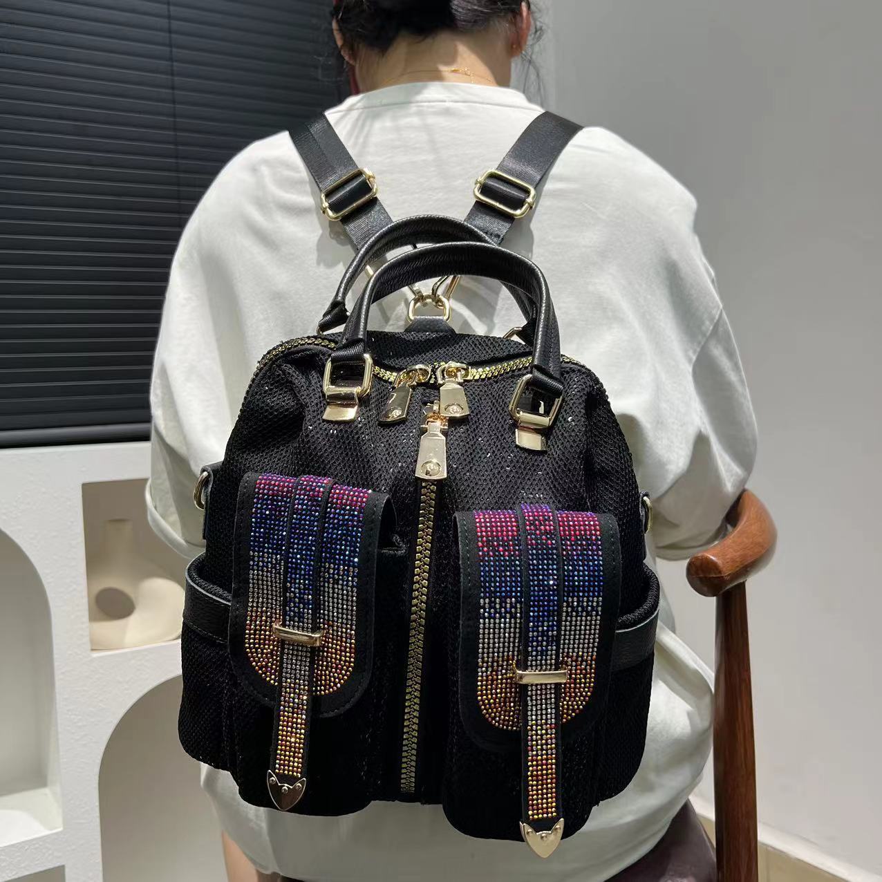 womens fashion diamond embedded elegant backpack multi pocket tote