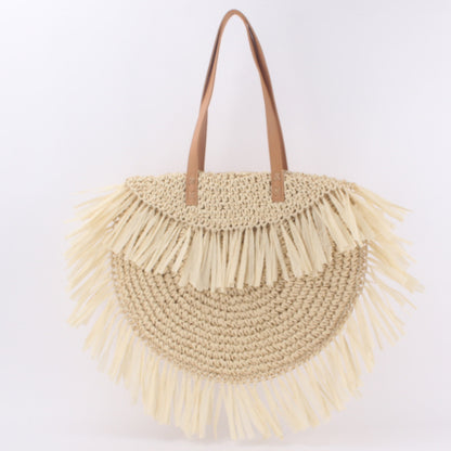 New Semi-circular Tassel Straw Shoulder Bag With Tassels And Paper Trim