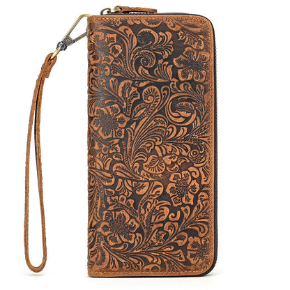 mens crazy horse leather retro embossing fashion long wallet