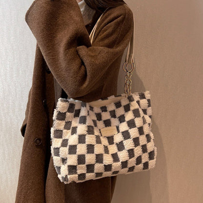 large capacity plush bag womens new plaid shoulder