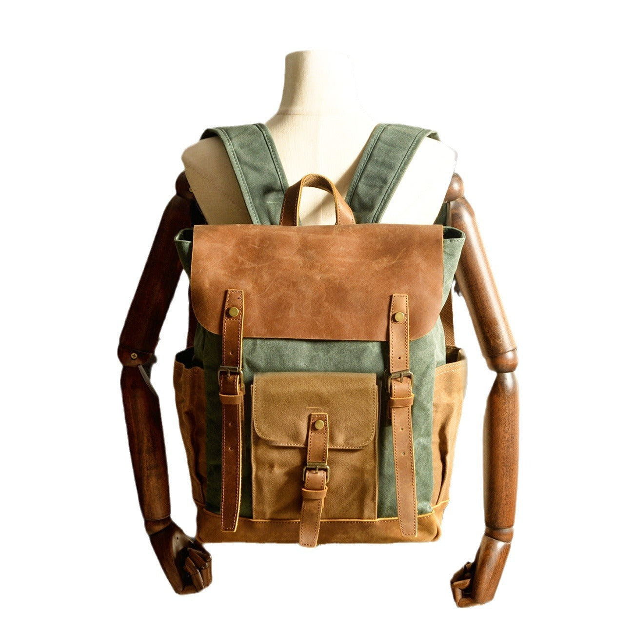 canvas stitching crazy horse leather backpack oil wax waterproof computer schoolbag