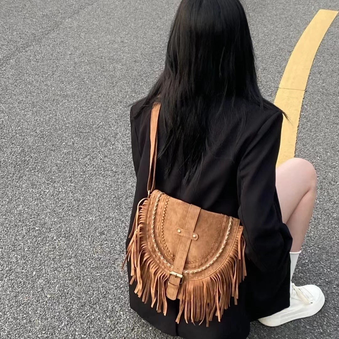 handmade suede tassel womens retro shoulder messenger bag