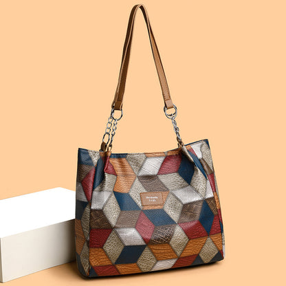 retro geometric pattern color matching shoulder bag fashion large capacity stitching handbag for women totes