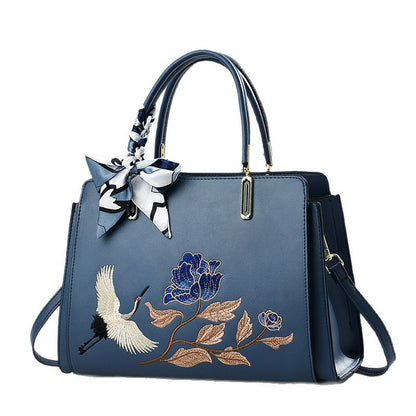 Womens New Chinese-Style National-Flair Embroidered Crane Fashion Crossbody Tote Bag