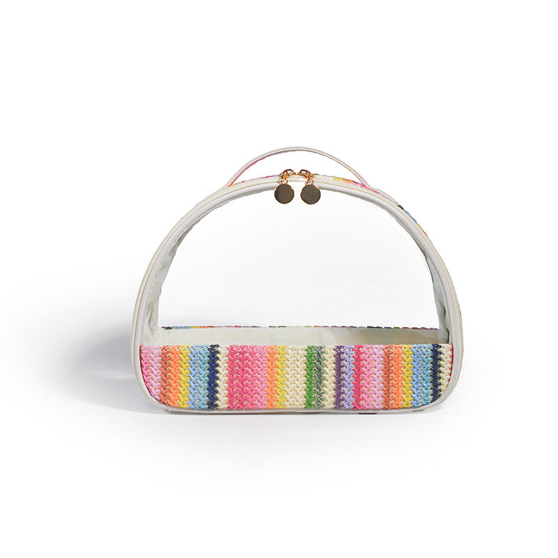 straw woven transparent pvc semicircle cosmetic bag waterproof rainbow woven toiletries storage bag