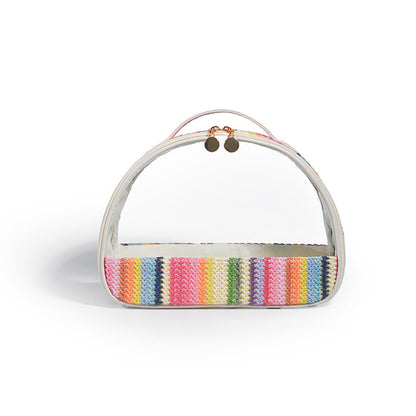 straw woven transparent pvc semicircle cosmetic bag waterproof rainbow woven toiletries storage bag