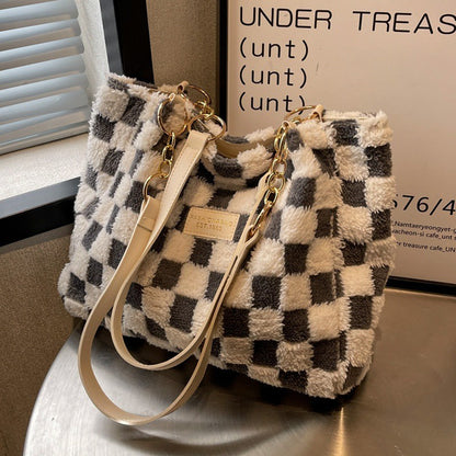 large capacity plush bag womens new plaid shoulder