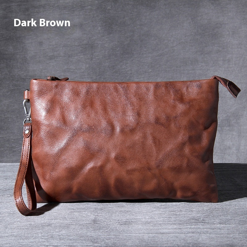 simple retro first layer cowhide large capacity hand held original leather casual envelope mens bag