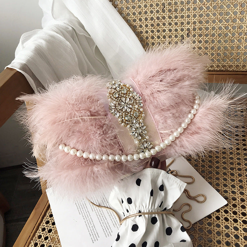 pearl chain diamond studded fur dinner plush bag