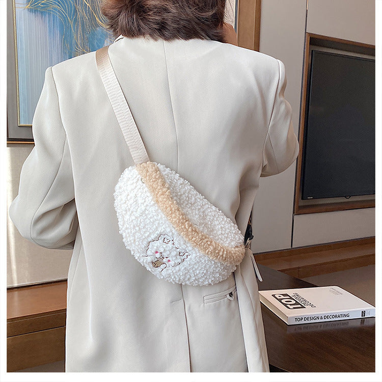 one shoulder crossbody cute cartoon embroidery bear lamb wool