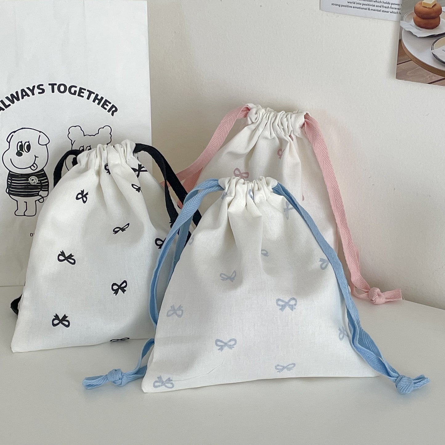 sweet bow print drawstring storage bag