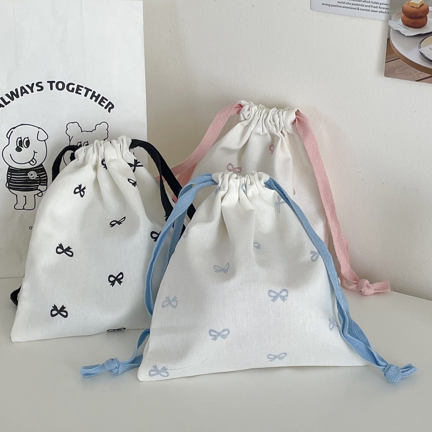 sweet bow print drawstring storage bag