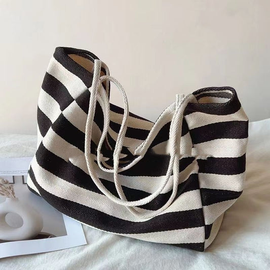 ins artistic contrast color striped canvas bag large capacity shoulder