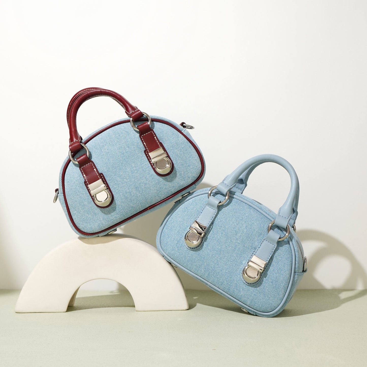 first layer cowhide with denim bun shaped bag