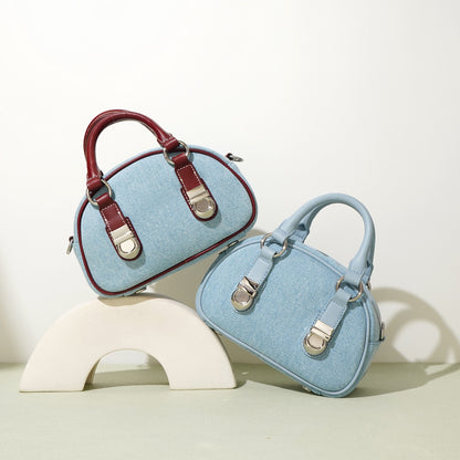 first layer cowhide with denim bun shaped bag