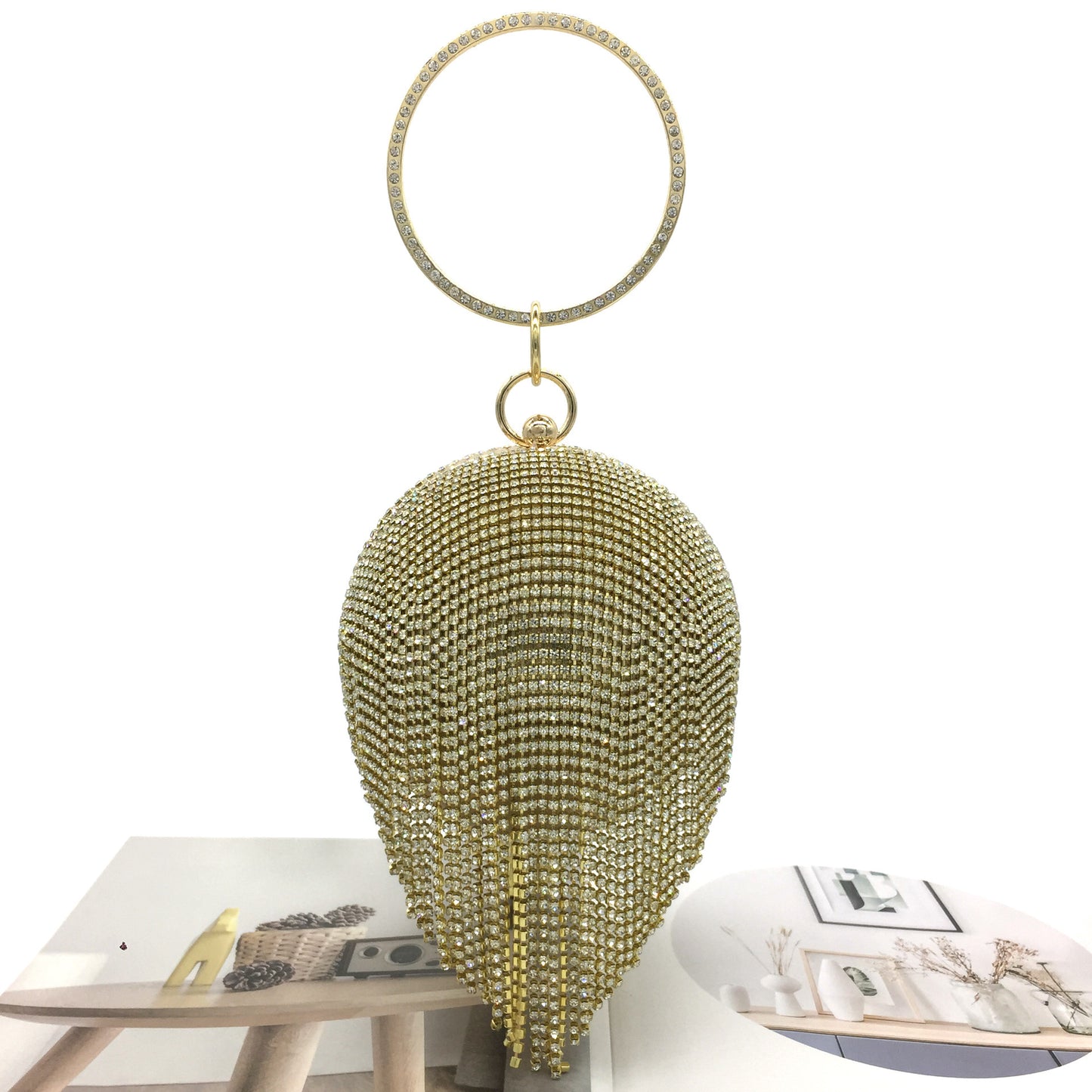 round dinner bag with diamond stickers spherical tassel bag hot diamond handbag chain bag