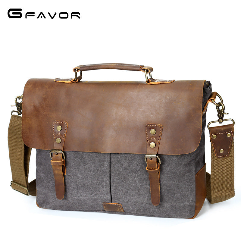 the source document man satchel canvas bag shoulder handbag retro computer with crazy horse leather bag