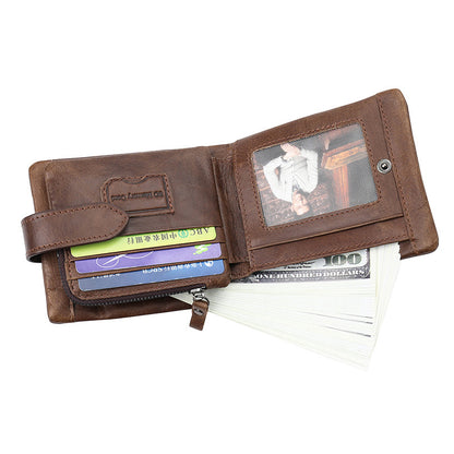 first layer cowhide mens wallet vintage zipper buckle leather short wallet