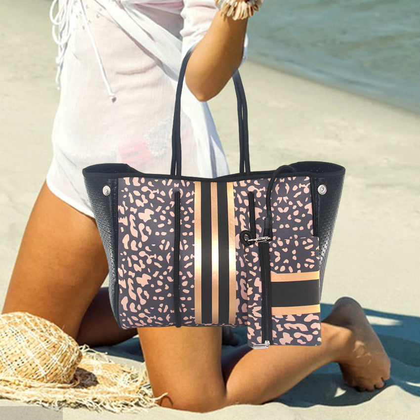 leopard print printed black portable beach bag leisure travel