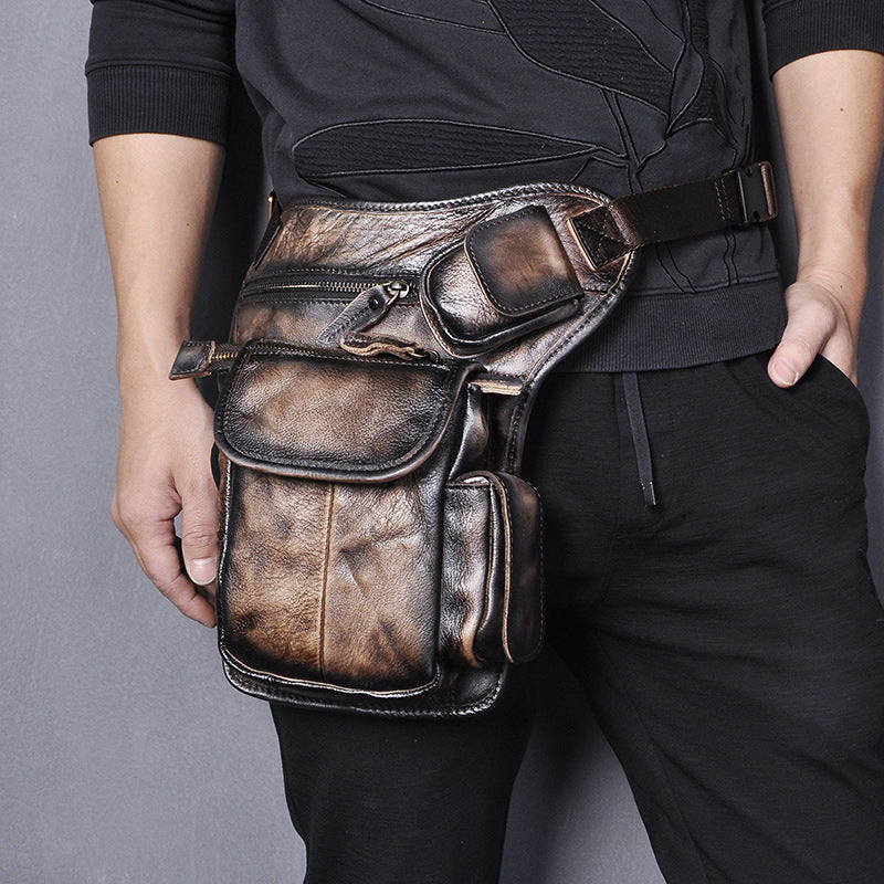 first layer oil waxed leather cowhide vintage mens outdoor leg bag waist bag