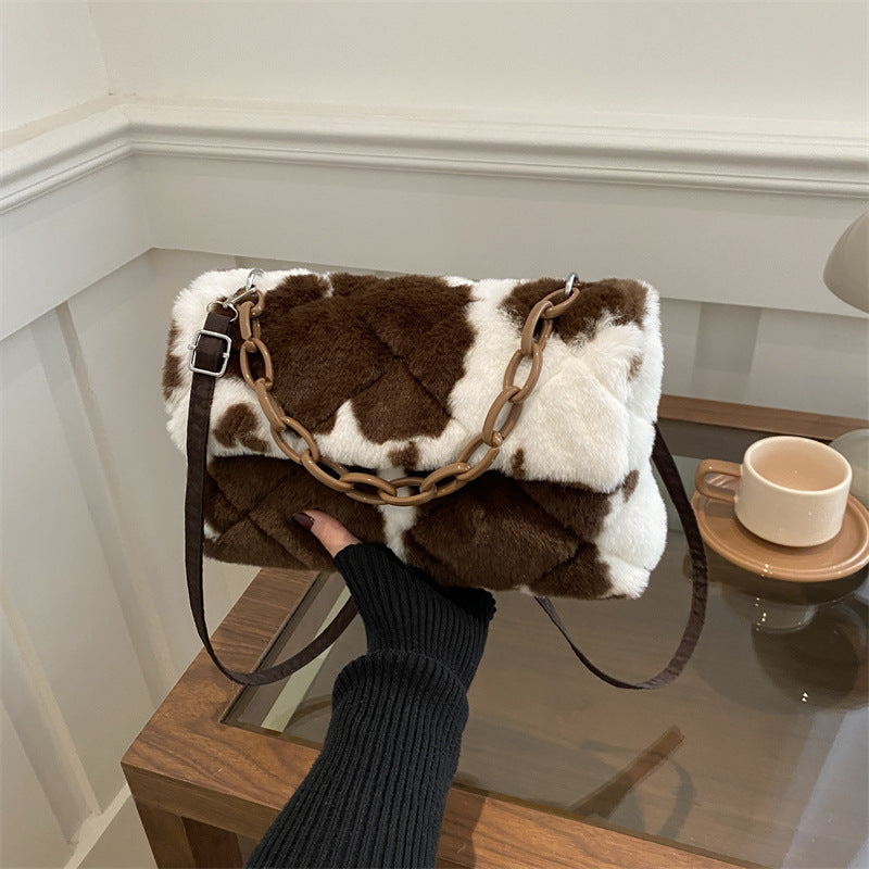 Stylish One-shoulder Envelope Bag With Leopard Print And Fluffy Accents Crossbody Bag