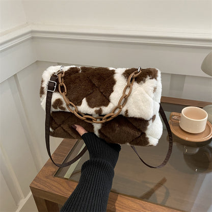 Stylish One-shoulder Envelope Bag With Leopard Print And Fluffy Accents Crossbody Bag