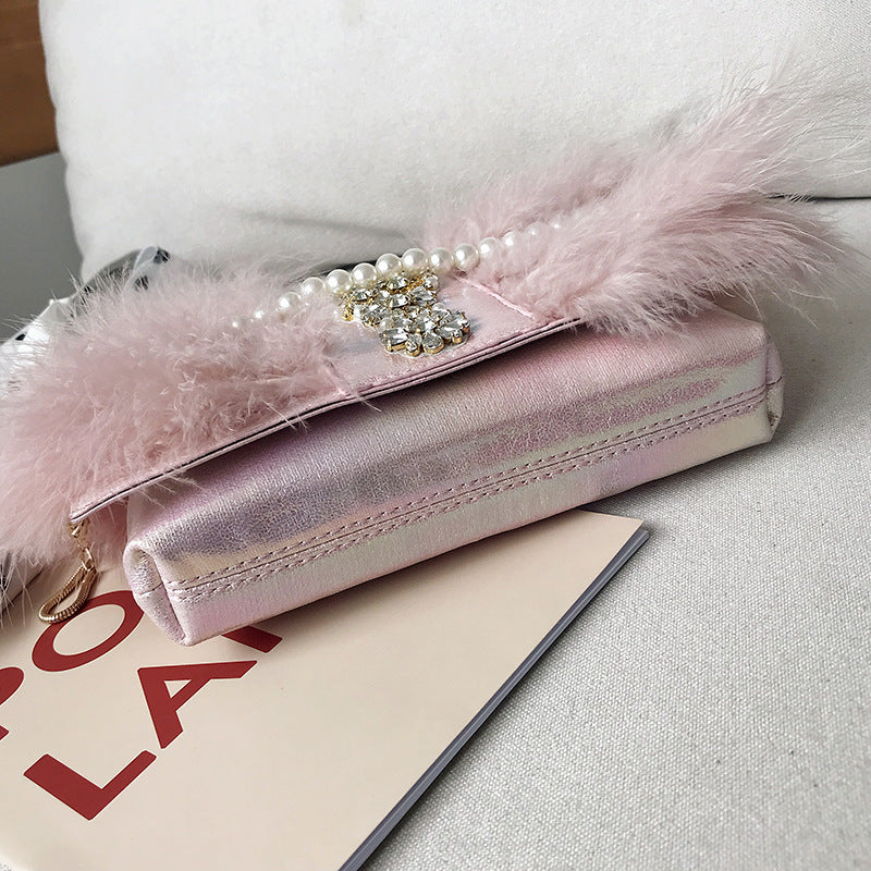 pearl chain diamond studded fur dinner plush bag