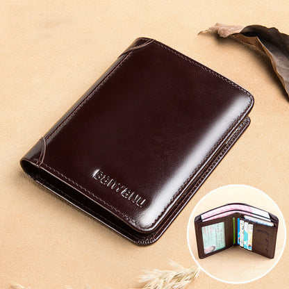 mens short matte leather tri fold vertical wallet