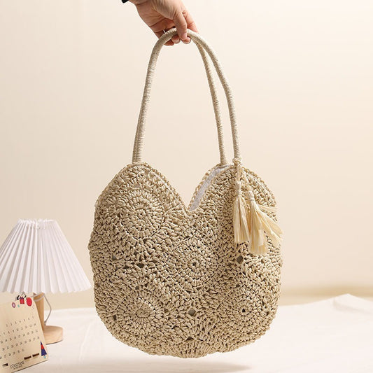 hollow tassel straw bag large capacity shoulder woven bag