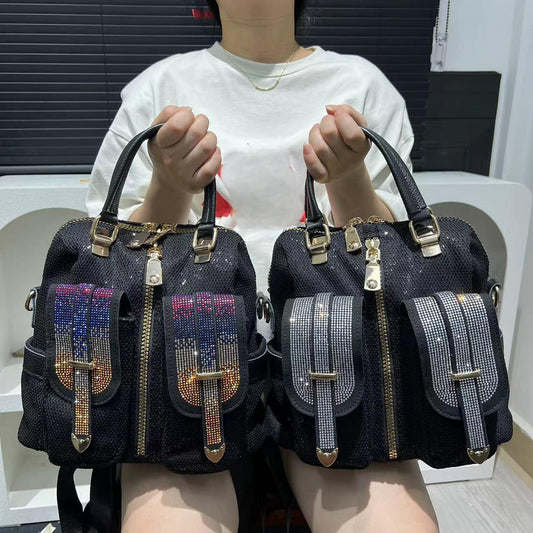 womens fashion diamond embedded elegant backpack multi pocket tote