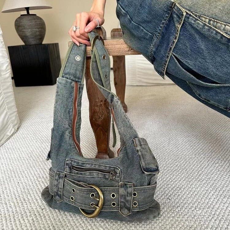 special interest design vintage washed denim shoulder bag