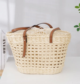large capacity fashion urban simple white khaki straw braided bag