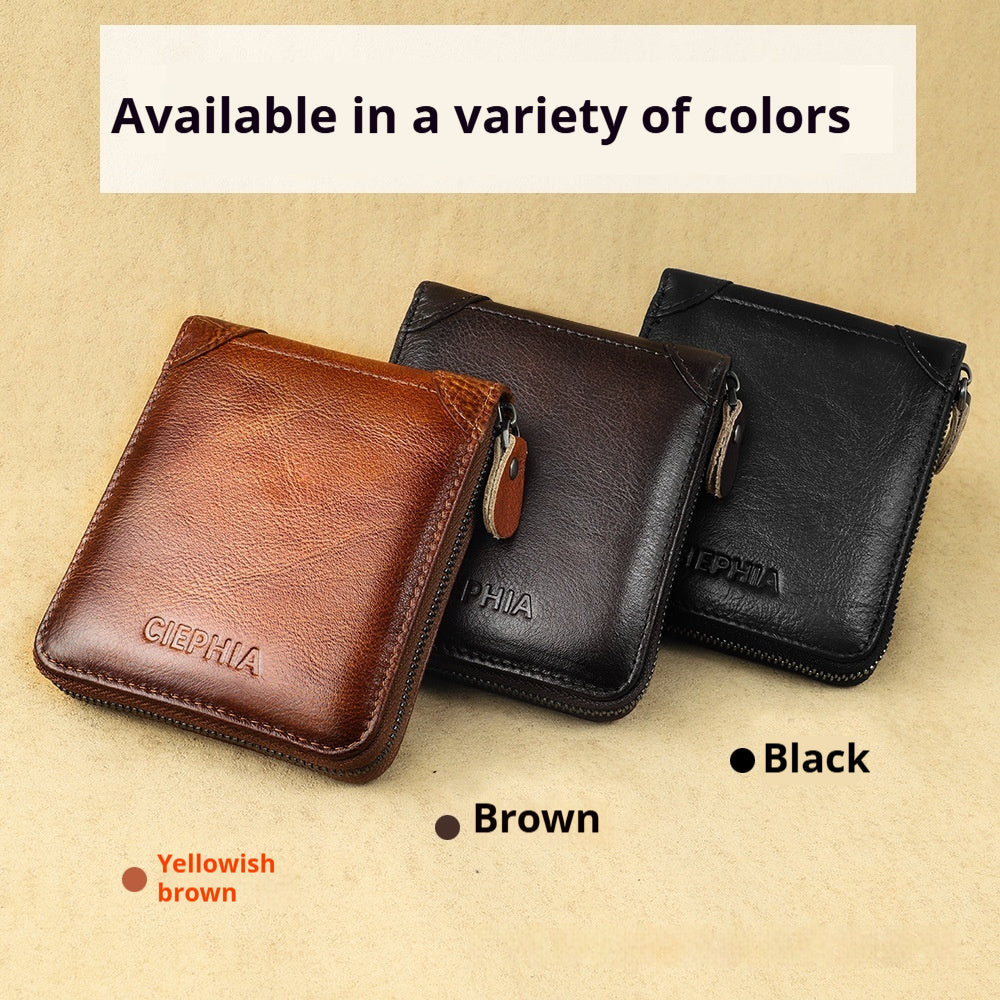 mens wallet leather short anti theft swiping zipper multifunctional