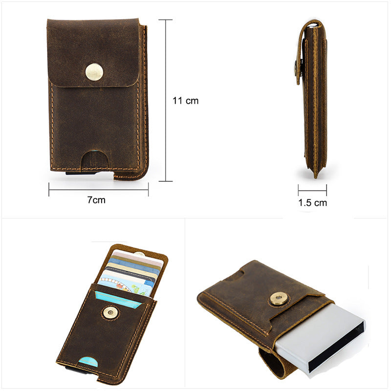 crazy horse cowhide rfid anti theft swipe automatic card box