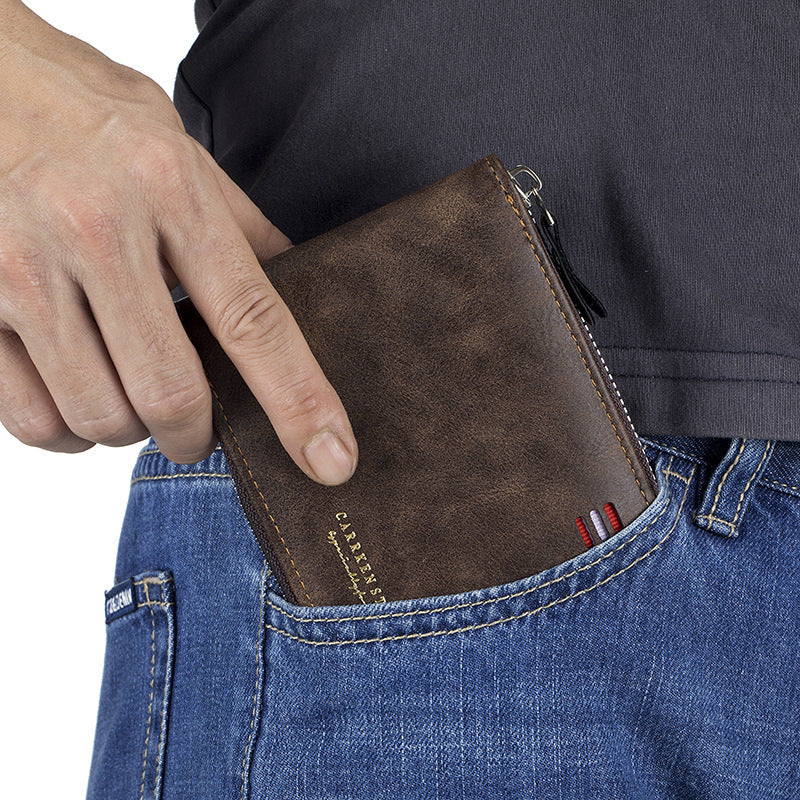 mens short and simple zipper tri fold multifunctional wallet