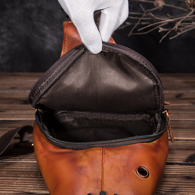 mens simple top layer cowhide chest bag