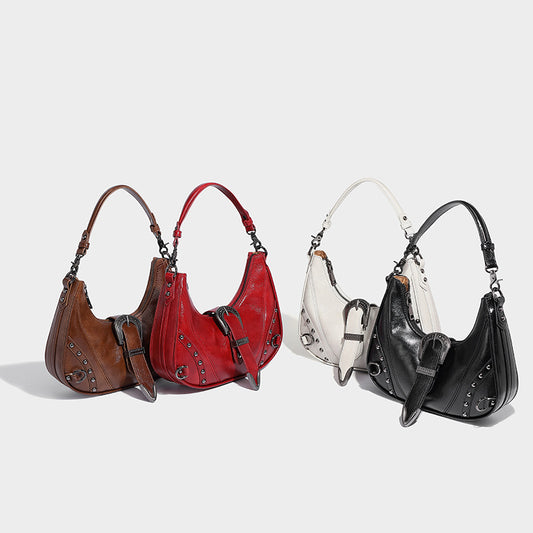 womens distressed silver belt buckle underarm shoulder bag