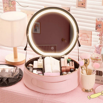 round smart led makeup bag with mirror lights women beauty bag large capacity pu leather travel organizers cosmetic case