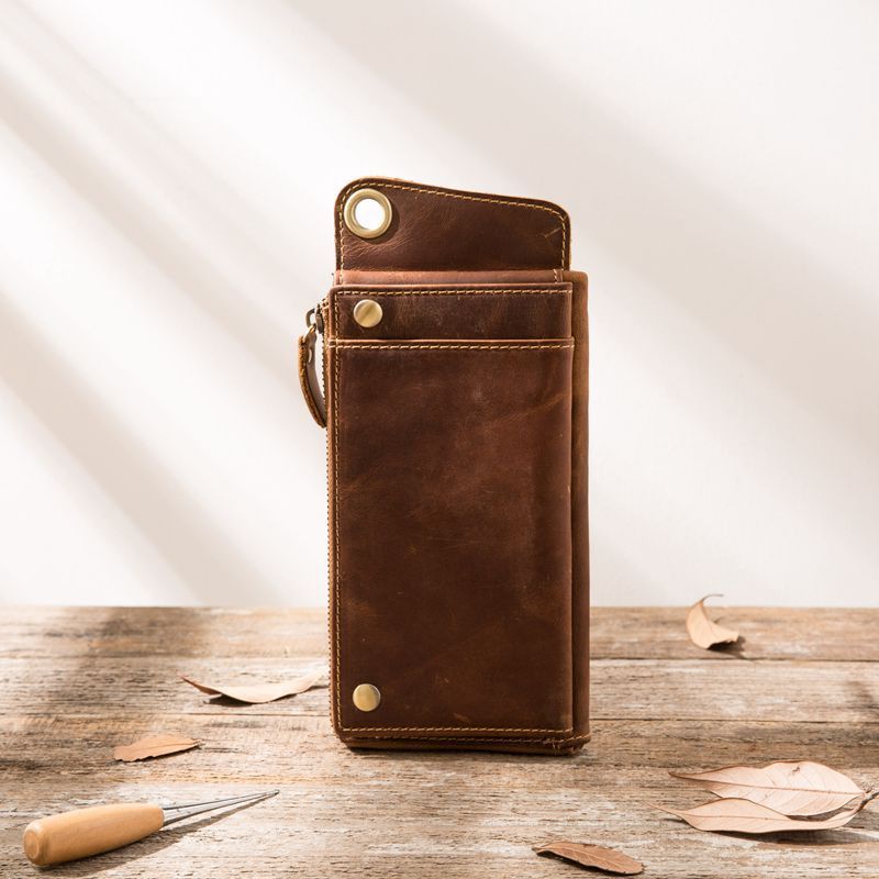 genuine leather large capacity zipper phone bag