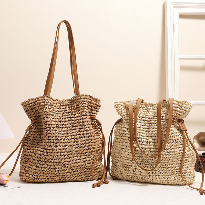 large capacity straw bag drawstring hand carrying knitting shoulder bag