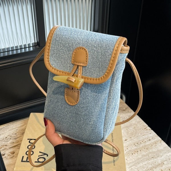 vertical denim mobile phone bag womens horn button shoulder messenger bag